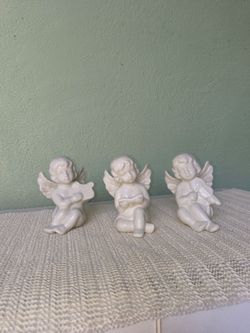 Vintage Glazed Ceramic Angels Playing Violin, Harp, & Cello- Set Of 3