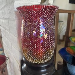 Red & Gold Mosaic Candle Holder With Wood Base