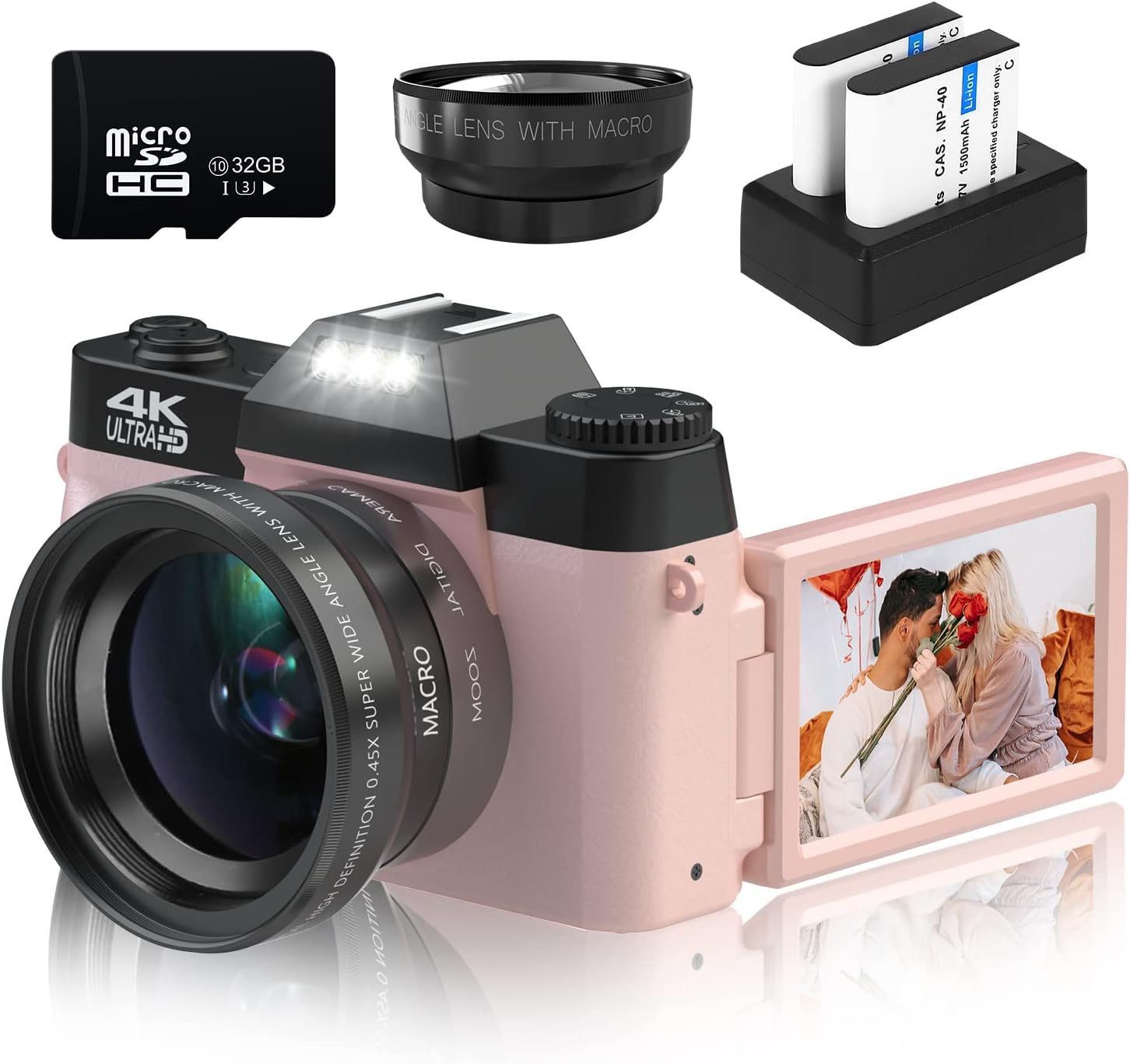 4K Digital Camera 48MP – Compact Vlogging Camera with Zoom, Lens Kit, Pink