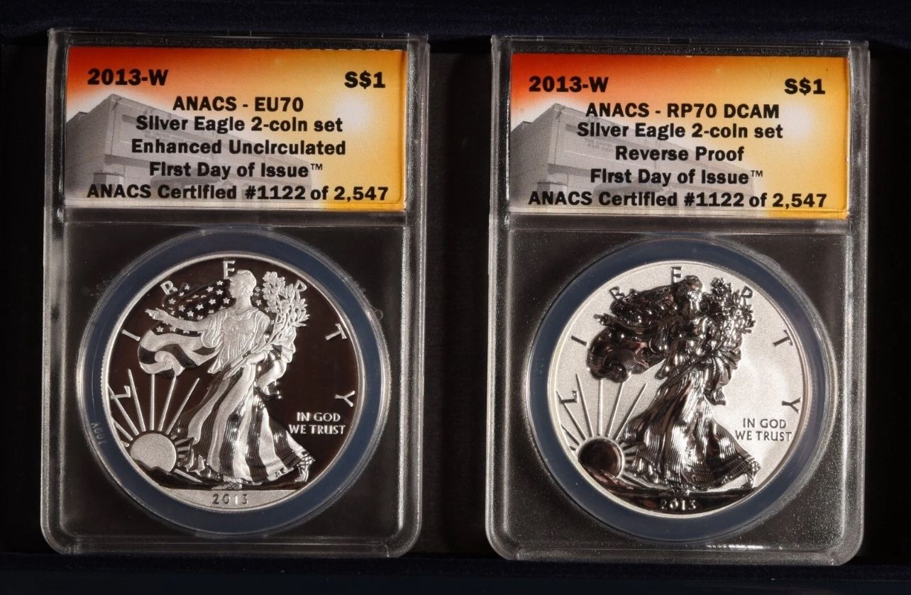 2 Coin Set • 2013 W American Silver Eagle • West Point Mint • Enhanced + Reverse Proof OGP Box • First Day of Issue • ANACS RP70 DCAM + EU70