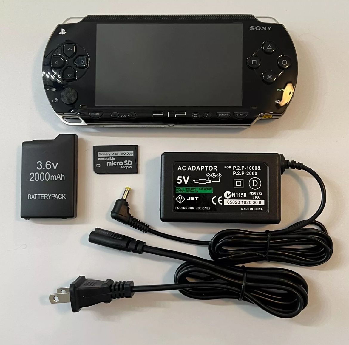 BLACK Sony PSP 1000 System with Charger and 64GB Memory Card Bundle, TESTED Import