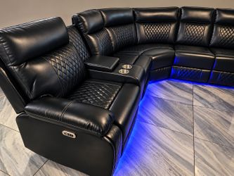 Black Leather Sectional with Power Reclining Seats and LED Lighting
