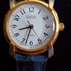 Vintage Guess 1988 Round Gold Tone Case and Blue Band