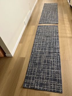Pair of blue gray geometric runner rugs