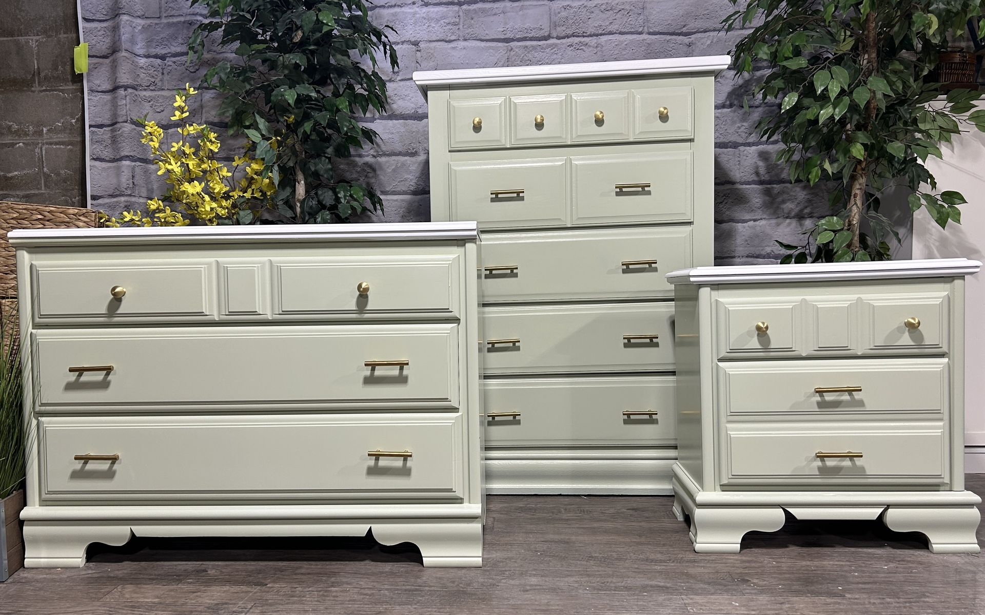 Refinished Sage Green Dresser Set New Gold Handles