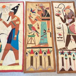 Set Of 3 1920’s Hand Sewn Egyptian Revival Appliqué Wall Panels Tapestry Vintage