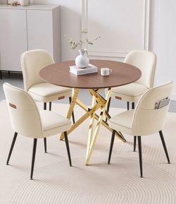 Dining chairs Set of 4 . Dining Chairs Upholstered Kitchen Chairs Synthetic Leather with Stitching, Mid-Century Modern, with Storage Pocket, Cream Whi