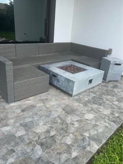 Backyard Couch & Modern Fire Pit Set - Includes Matching Tank Holder & Gas Tank