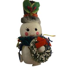 Kurt Adler wooden 1980 vintage snowman with top hat and wreath 4