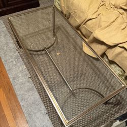  Mid Century Two Tone Glass Table - BRASS AND METAL ARCHES