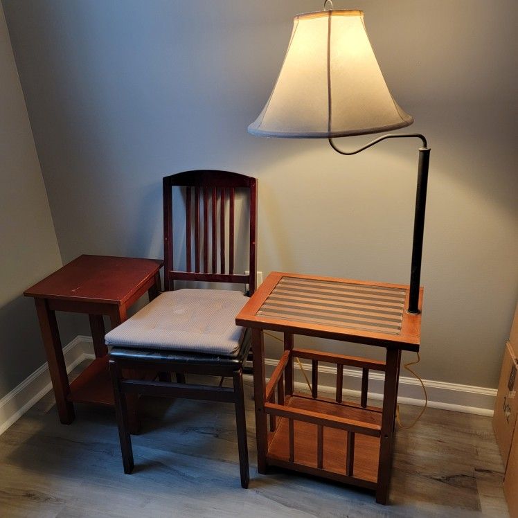 Bundle: nightstand or end table, reading table, and foldable wooden chair