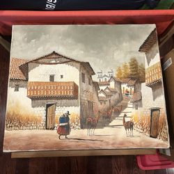 RARE FIND. Vintage 1960s Peruvian Hand Painted Folk Art Painting Signed.