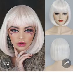 White Bob Wig with Bangs 10-inch Heat Resistant Synthetic Hair NEW IN BOX