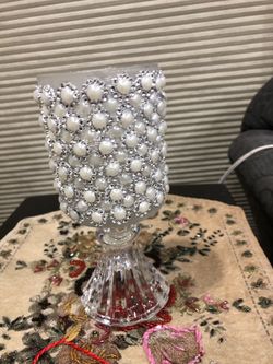 Nice candle holder silver w pearl & stone nice handmade tall 9 inch