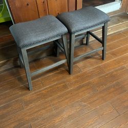 Pair Wood Saddle Counter Height Barstools:24” Nailhead. Cushion Seat Good Condition 