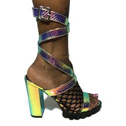Women’s Holographic Metallic Snake textured heels. Sizes 6, 6.5, 7, 7.5, and 8.5.