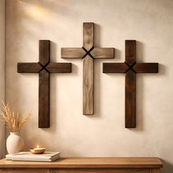 ✝️ Rustic Wooden Cross — Handcrafted Wall Décor | Individual or Set of Three | Snackable Steel