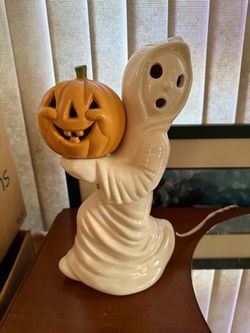 Vintage Ceramic Light-Up Ghost Holding Pumpkin