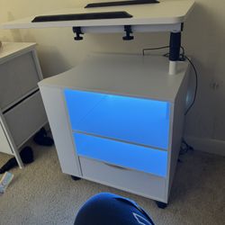 Giantex Nightstand with Charging Station and LED Lights, Modern Bedside Table Workstation with 360° Swivel Laptop Tray, Storage Shelf, Drawer, White S
