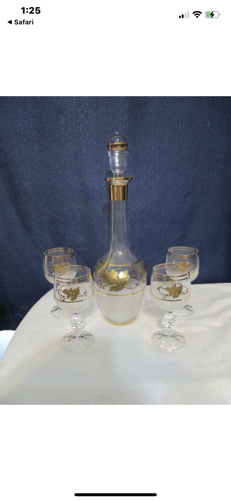 Vintage Crystal Czech Bohemian Wine Decanter Set & 4 Glasses Gold Leaf