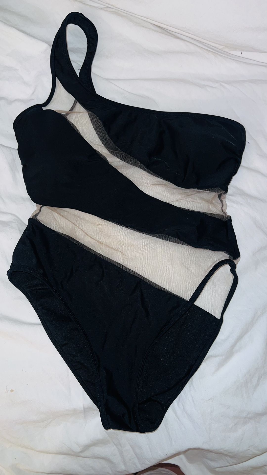 Small Black and white one piece swimsuit/ body suit with mesh detailing