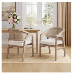 Modern Wooden Dining Chairs Set of 2, Fabric Upholstered Kitchen Side Armchairs, Living Room Comfy Reading Chair with Curved Rattan Back, Light Ash+Be