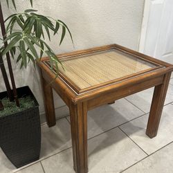 Cane woven glass top end table / side table.