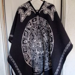 Authentic Mexican Poncho Reversible Aztec Calendar Cobija Blanket Thick