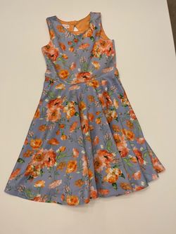 Bonnie Jean Blue Floral Fit-and-Flare Dress with Orange Blooms Size 16 Girls