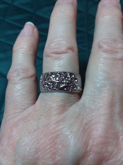 Size 9 Silver Ring With Leaf Designs And Purple Cubic Zirconias