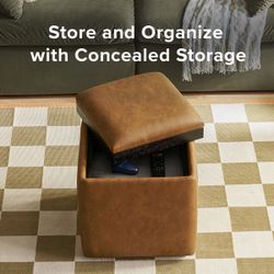 Storage ottoman with reversible tray, modern square trunk-type coffee table
