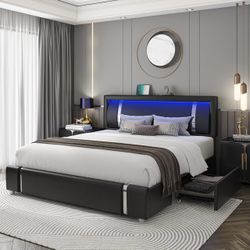 Queen Bed Frame with RGB LED Lights Headboard & 2 Storage Drawers, Modern Upholstered Faux Leather Platform Bed with Iron Metal Decor, USB & USB-C Cha