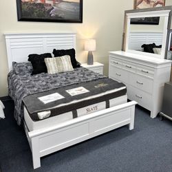 Queen White Bedroom Set ( Bed Frame, Dresser, Mirror And One Nightstand )