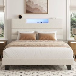 Queen Upholstered Bed Frame – LED Lights, Storage Headboard & Charging Station
