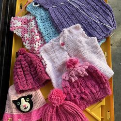 Hand knitted girl Lot hats Dresses vest