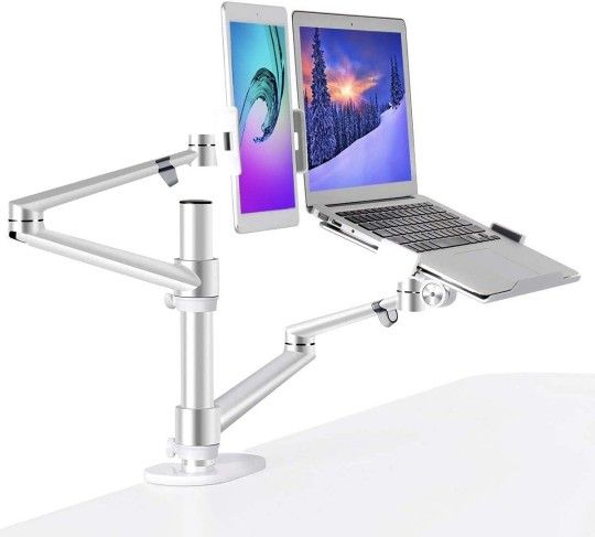 2 in 1 - Monitor and Laptop Mount, Adjustable Dual Arm Desk Mounts Single Desk Arm Stand/Holder 32" LCD Display & 17" Macbook Pro & Ipad Pro