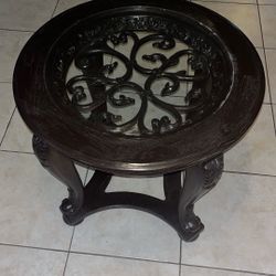 Round Glass-Top Accent Table – Dark Wood & Iron Base