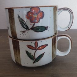 Soup Bowl Mug Floral Brown Speckled Stoneware Handle Japan Hand Painted Pair Vtg