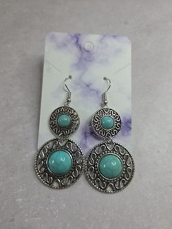 Silver Round Hook Earrings w/ Turquoise Insets