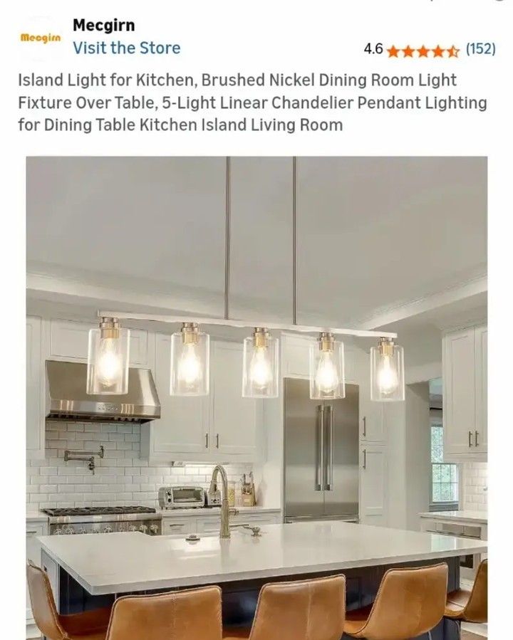 Island Light for Kitchen, Brushed Nickel Dining Room Light Fixture Over Table, 5-Light Linear Chandelier Pendant Lighting for Dining Table Kitchen Isl