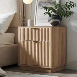 set of 1 23'' Fluted Nightstand with Charging Station, Large 2 Drawer Bedside Table, Modern End Table with Storage, Mid Century Night Stand for Bedroo