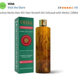 Veda Active Herbs Hair Oil. Infused with brahmi, amla, and henna. Promotes hair growth and nourishment. Natural and potent formula.  New in box 