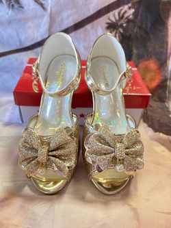 Gold Glitter Bow Heels with Ankle Strap