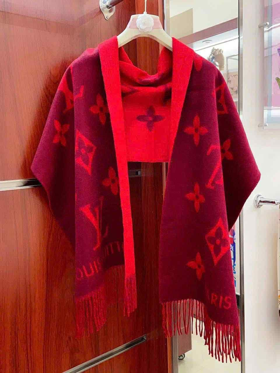 Authentic Louis Vuitton Red Cashmere Scarf with Fringe
