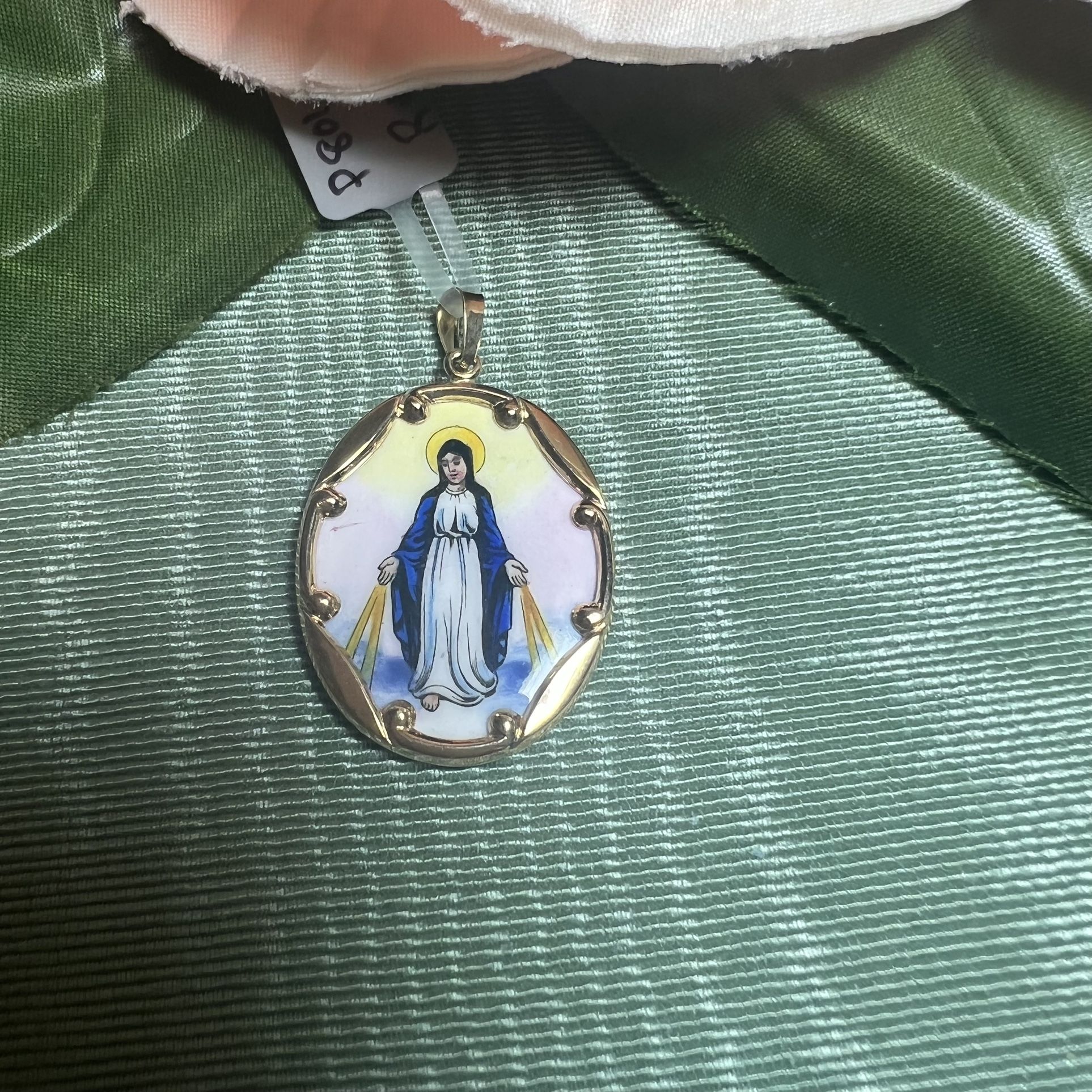 Gold Miraculous Pendant, 10kt., Hand Painted Porcelain