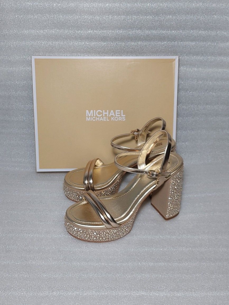 Michael Kors Ankle Strap Sandals Heels. Gold. New In Box. Size 8.5 Women's Shoes.