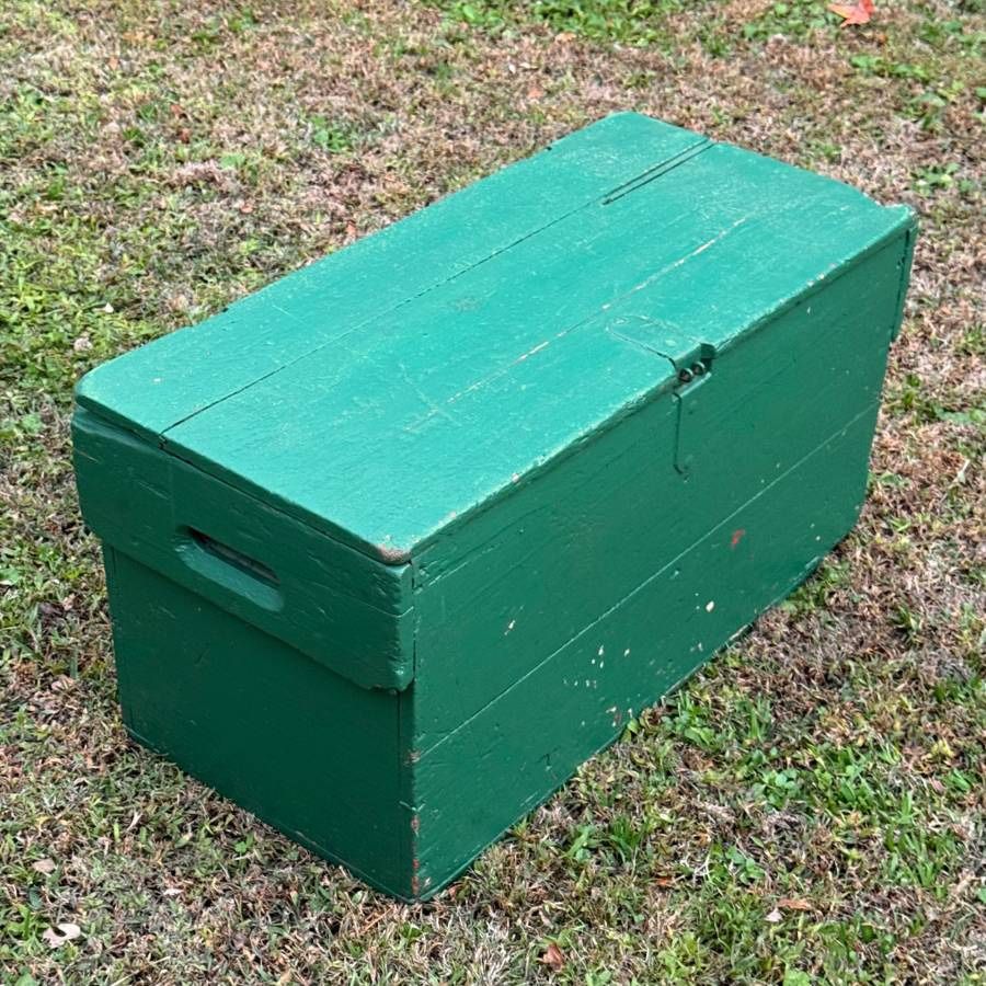 Vintage Primitive Handmade Wood Tool Box Trunk Chest Coffee Table With Inlaid Handles