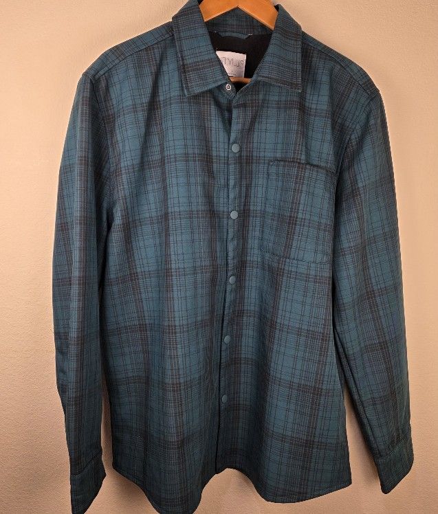 Stylus Men's Dark Green Black Plaid Lined Shirt Jacket Coat Large NWOT