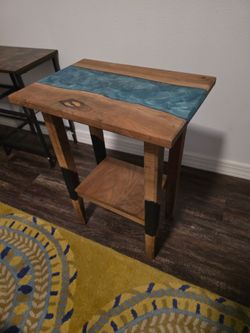Wood and Blue Epoxy Resin Side Table