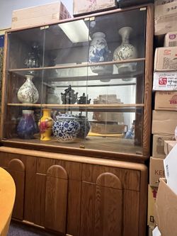 MCM Oak Cabinet With Glass Shelves 